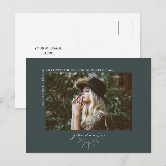 Line Art Dark Emerald Afstuderen Fotoaankondiging Briefkaart (Voorkant / Achterkant)