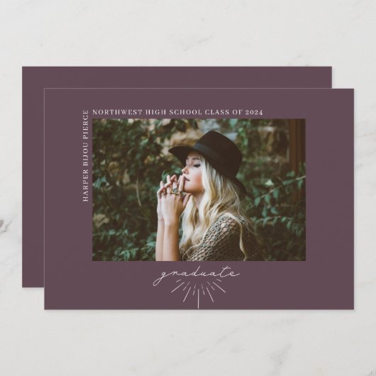 Line Art Dark Paars Afstuderen Horizontale foto Aankondiging (Voorkant / Achterkant)
