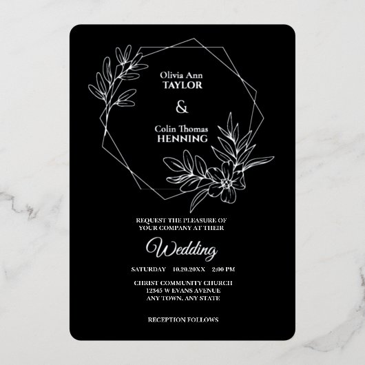 Line Art Floral foto bruiloft zilverfolie Uitnodig Folie Uitnodiging (Voorkant)