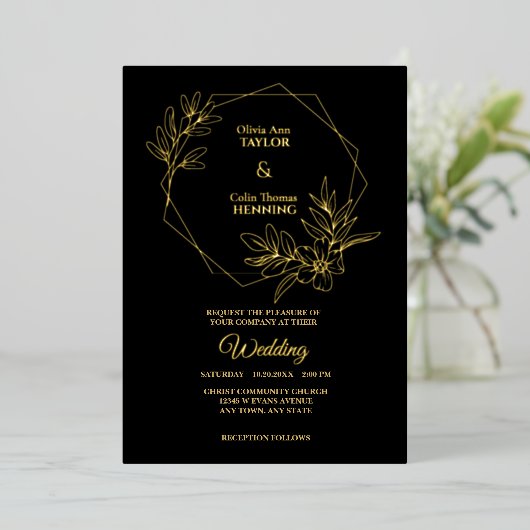 Line Art Floral Lijst Foto bruiloft Folie uitnodig Folie Uitnodiging (Staand Voorkant)