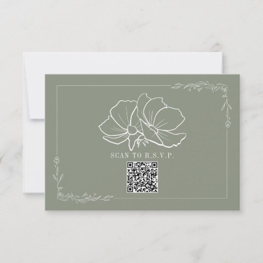 Line Art Floral Sage Green Wedding RSVP Kaartje (Voorkant)