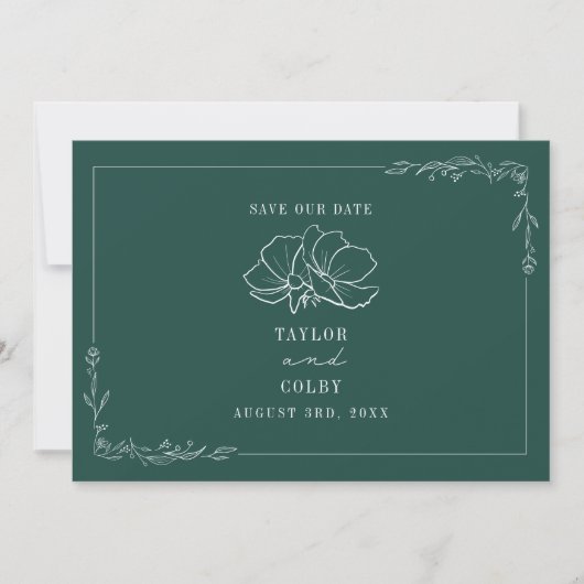 Line Art Floral Wedding Emerald Save the Date (Voorkant)