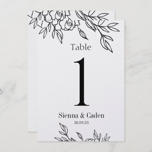 Line Art Floral Wedding Pearl Shimmer Table Number (Voorkant / Achterkant)