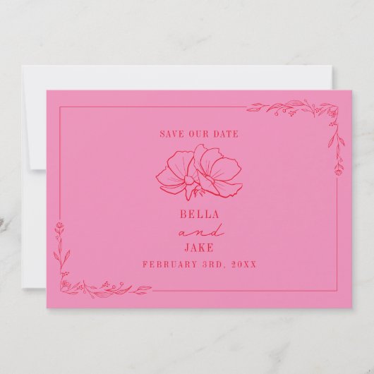 Line Art Floral Wedding Pink + Red Save The Date (Voorkant)