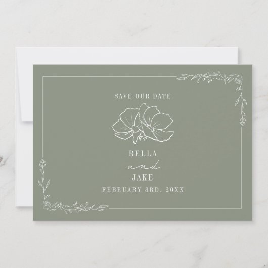 Line Art Floral Wedding Sage Green Save the Date (Voorkant)