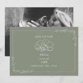 Line Art Floral Wedding Sage Green Save the Date (Voorkant / Achterkant)