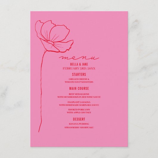 Line Art Flower Pink + Red Wedding Menu (Voorkant)