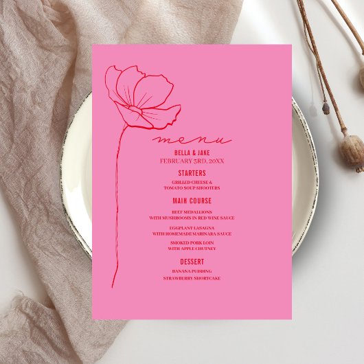 Line Art Flower Pink + Red Wedding Menu