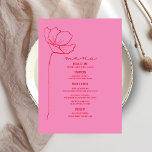 Line Art Flower Pink   Red Wedding Menu<br><div class="desc">De rode lijnkunst inspireerde "Menu"tekst bij bovenkant met witte douanetekst en roze achtergrond met enige lijnkunstbloem bij linkerzijde.</div>