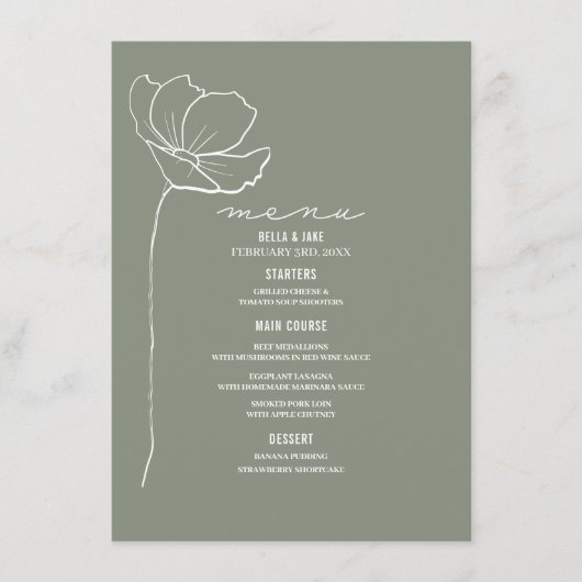 Line Art Flower Sage Green Wedding Menu (Voorkant)