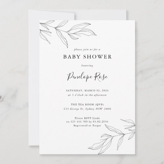 Line Art Foliage Leaf Baby shower Invitation Kaart (Voorkant)