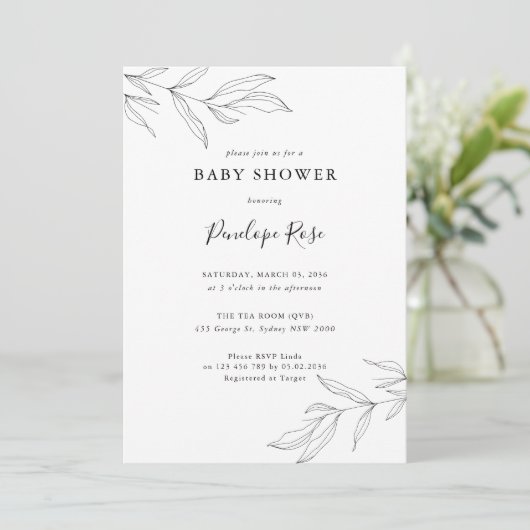 Line Art Foliage Leaf Baby shower Invitation Kaart (Staand voorkant)