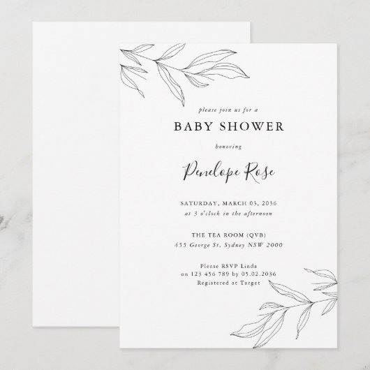 Line Art Foliage Leaf Baby shower Invitation Kaart (Voorkant / Achterkant)