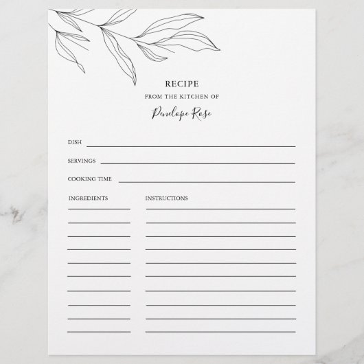 Line Art Foliage Leaf Name Recipcard (Voorkant)