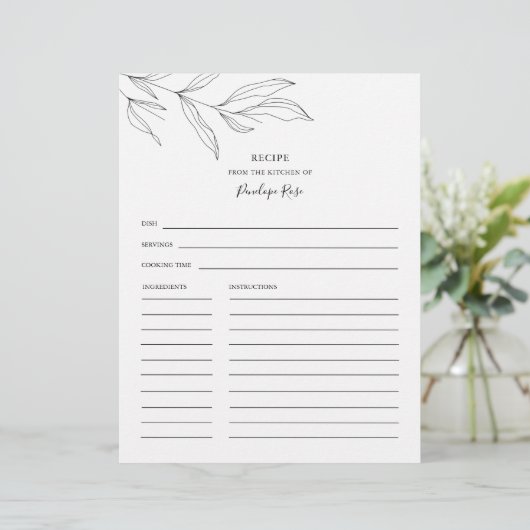 Line Art Foliage Leaf Name Recipcard (Staand voorkant)