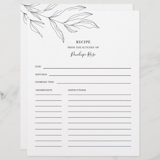 Line Art Foliage Leaf Name Recipcard (Voorkant / Achterkant)