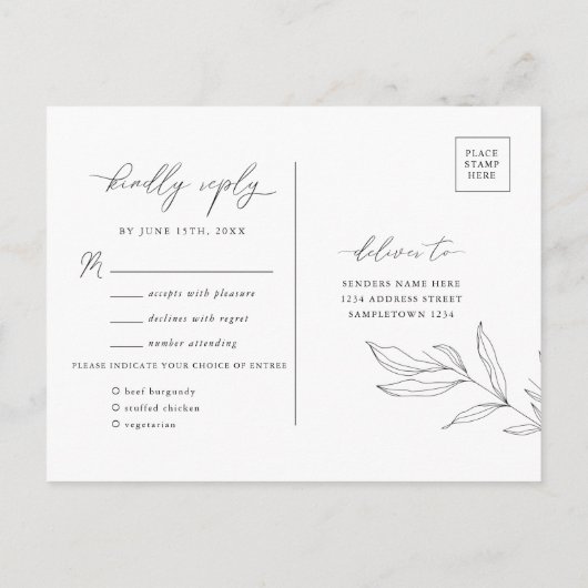 Line Art Foliage Leaf RSVP Briefkaart (Achterkant)