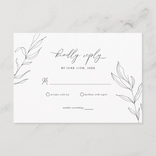 Line Art Foliage Leaf RSVP-kaart Informatiekaartje (Voorkant)