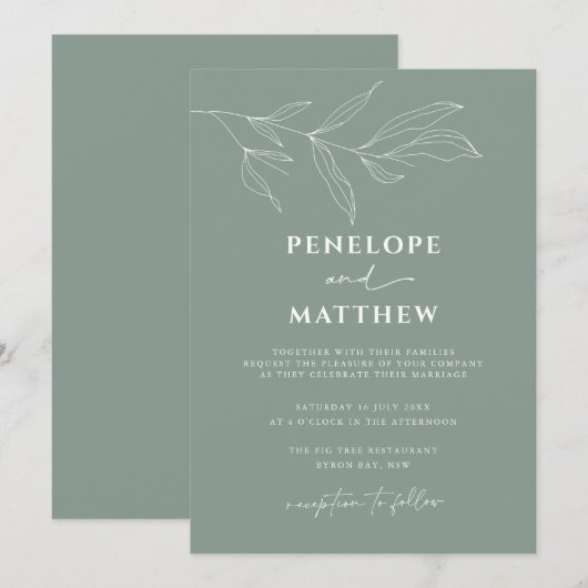 Line Art Foliage Leaf Sage Wedding Invitation Kaart (Voorkant / Achterkant)