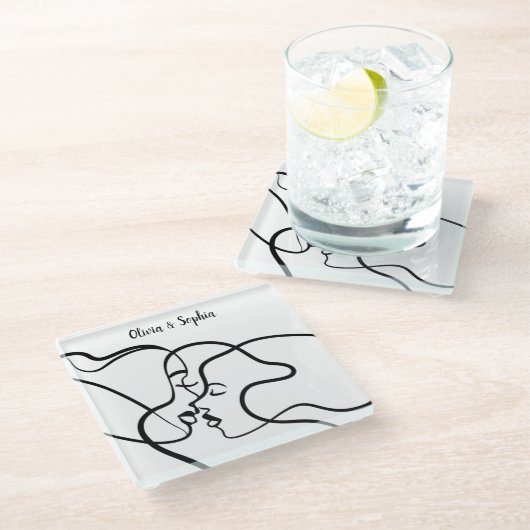 Line Art Gepersonaliseerd Lesbisch Glazen Onderzetter (Schuin)
