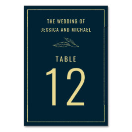 Line Art Gold Leaves Deep Blue Elegant Wedding Kaart