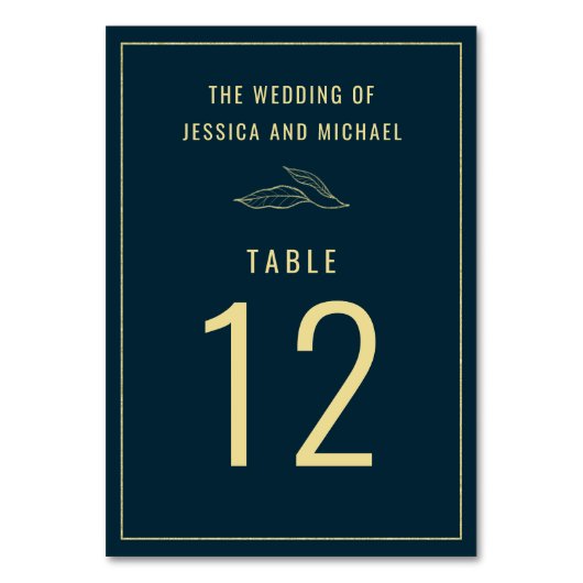 Line Art Gold Leaves Deep Blue Elegant Wedding Kaart (Voorkant)