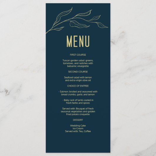 Line Art Gold Leaves Deep Blue Elegant Wedding Menu (Voorkant)