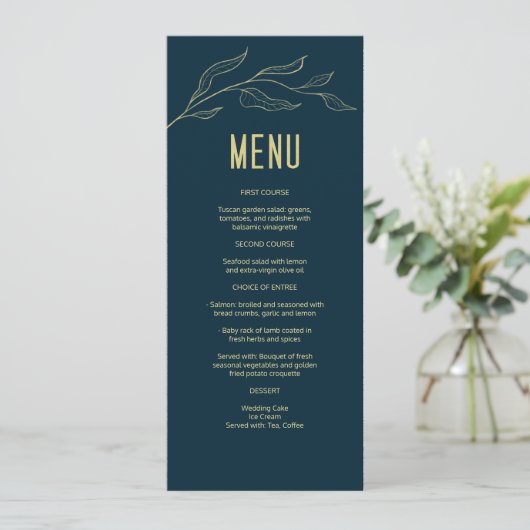 Line Art Gold Leaves Deep Blue Elegant Wedding Menu (Staand voorkant)