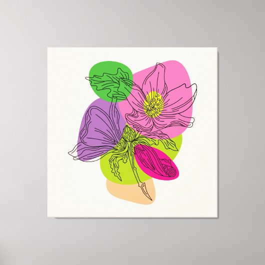 Line Art Hibiscus Flower met heldere spots Canvas Afdruk (Voorkant)