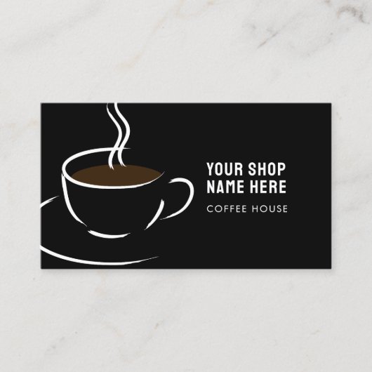 Line Art koffiekopje en bonen op zwart Visitekaartje (Voorkant)