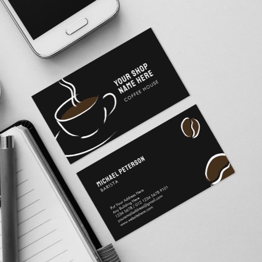 Line Art koffiekopje en bonen op zwart Visitekaartje