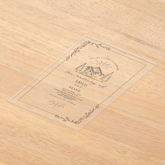 Line Art Mountain Bloemen Rustiek Huwelijk Acryl Uitnodigingen (Laagn)