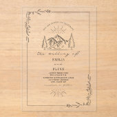 Line Art Mountain Bloemen Rustiek Huwelijk Acryl Uitnodigingen (Voorkant)