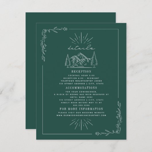 Line Art Mountains Blauwgroen bruiloft - details Informatiekaartje (Voorkant / Achterkant)