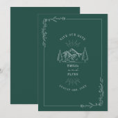 Line Art Mountains Blauwgroen huwelijk sparen de d Save The Date (Voorkant / Achterkant)