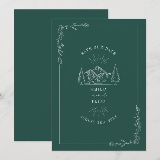 Line Art Mountains Blauwgroen huwelijk sparen de d Save The Date (Voorkant / Achterkant)