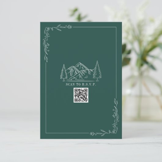 Line Art Mountains Emerald QR Code Weddenschap RSV RSVP Kaartje (Staand voorkant)