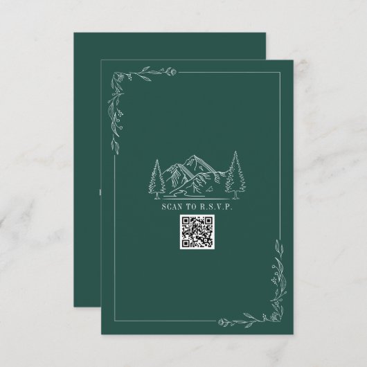 Line Art Mountains Emerald QR Code Weddenschap RSV RSVP Kaartje (Voorkant / Achterkant)