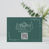 Line Art Mountains Emerald QR Code Weddenschap RSV RSVP Kaartje (Staand voorkant)