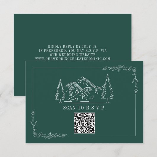 Line Art Mountains Emerald QR Code Weddenschap RSV RSVP Kaartje (Voorkant / Achterkant)