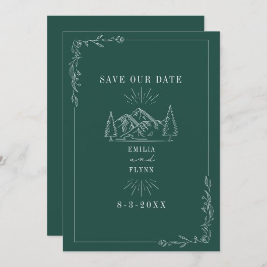 Line Art Mountains Emerald Wedding Save The Date (Voorkant / Achterkant)