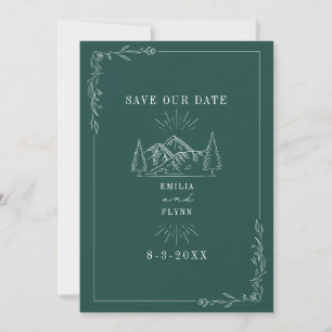 Line Art Mountains Emerald Wedding Save The Date