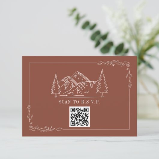 Line Art Mountains Terracotta QR Code Wedding RSVP (Staand voorkant)