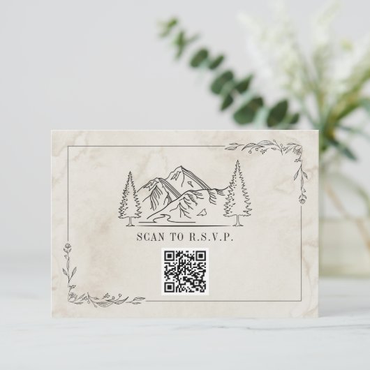 Line Art Mountains Waterverf QR Code Weddenschap R RSVP Kaartje (Staand voorkant)