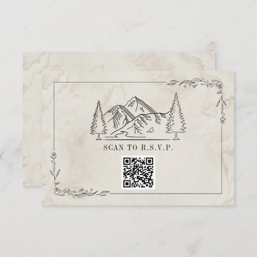 Line Art Mountains Waterverf QR Code Weddenschap R RSVP Kaartje (Voorkant / Achterkant)