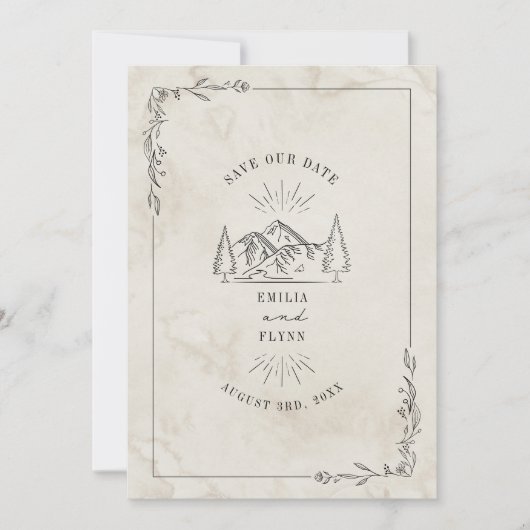Line Art Mountains Waterverf Wedding Save The Date (Voorkant)