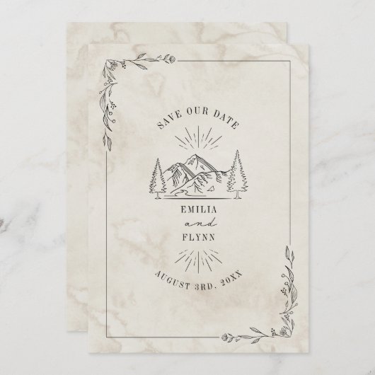 Line Art Mountains Waterverf Wedding Save The Date (Voorkant / Achterkant)