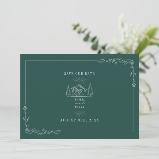 Line Art Mountains Wedding Emerald Save the Date (Staand voorkant)