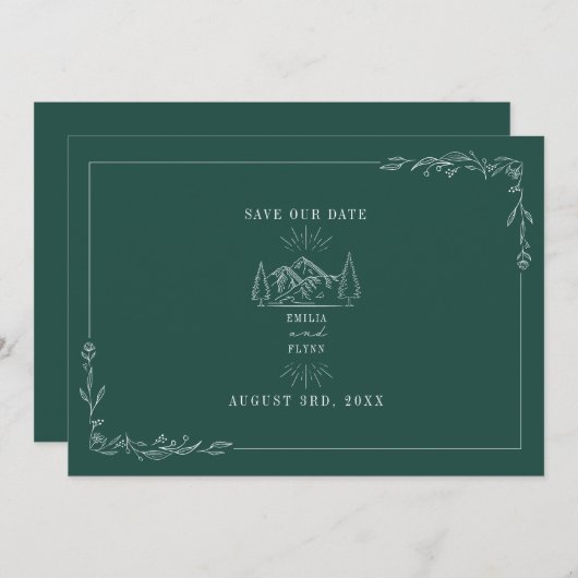 Line Art Mountains Wedding Emerald Save the Date (Voorkant / Achterkant)