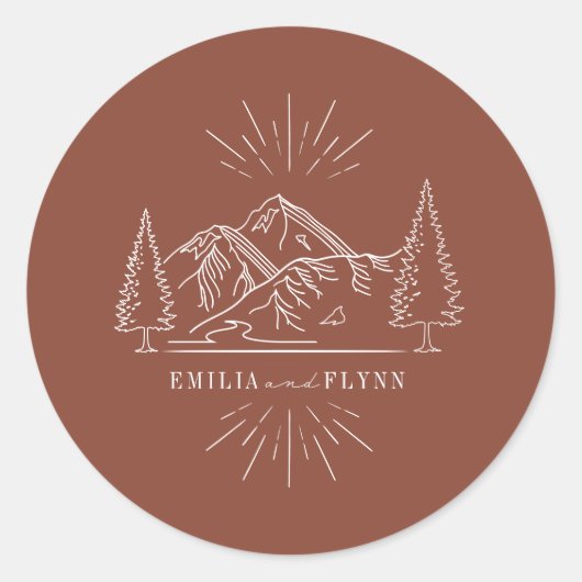 Line Art Mountains Wedding Terracotta Wedding Ronde Sticker (Voorkant)